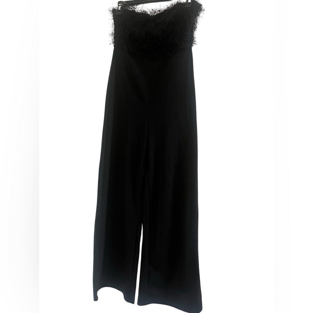 SHEIN‎ Black Strapless Wide Leg Jumpsuit with Eyelash Feather Trim Size 4 Small